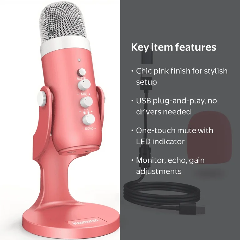 Haomuren Pink USB Gaming Microphone for PC/Phone/PS5, Studio Mic