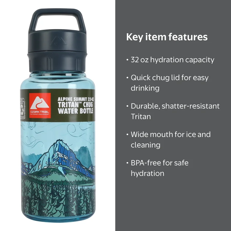 Ozark Trail 32 oz Tritan Plastic Chug Water Bottle, Alpine Summit