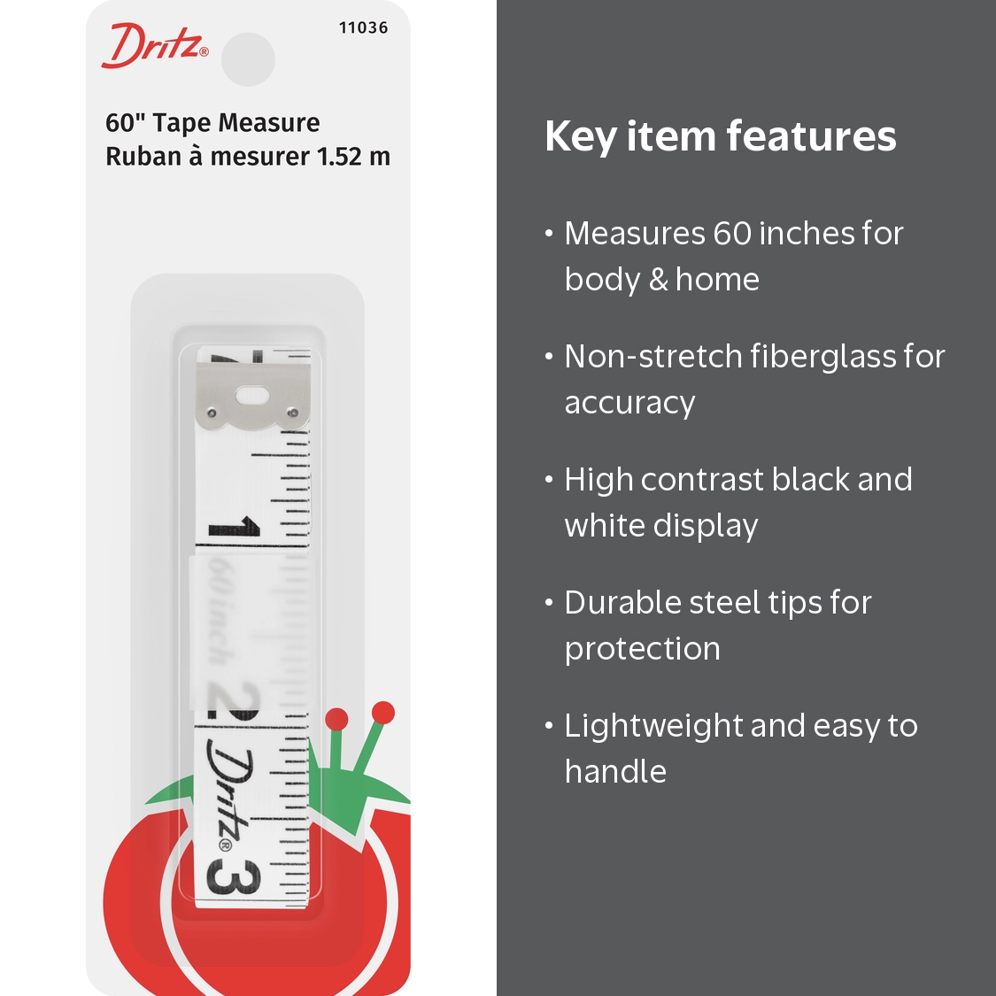 Dritz, Tape Measure, 60 Inches, White, fiberglass, for body