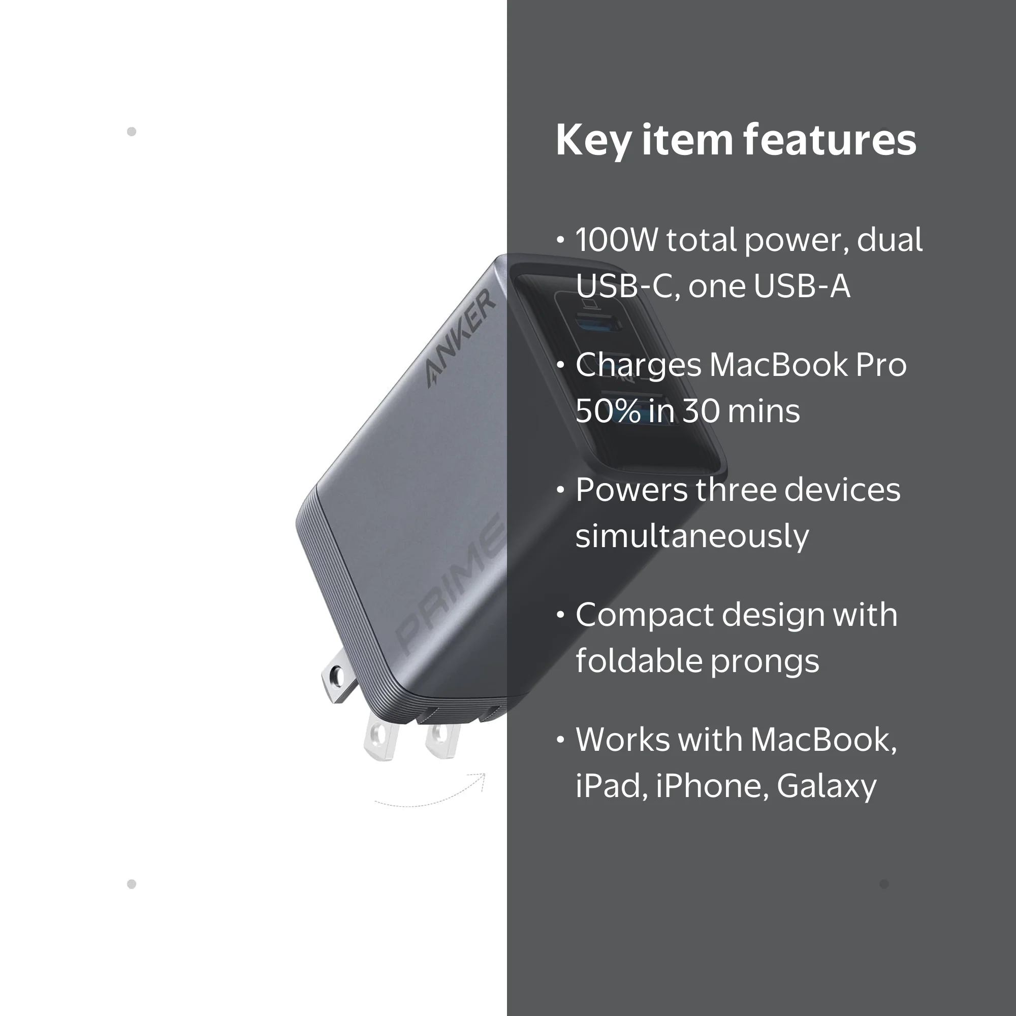 Anker Prime Charger, 100W GaN USB C Charger Block, 3-Port Foldable