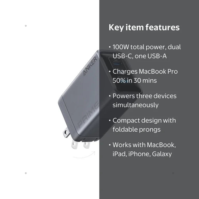 Anker Prime Charger, 100W GaN USB C Charger Block, 3-Port Foldable
