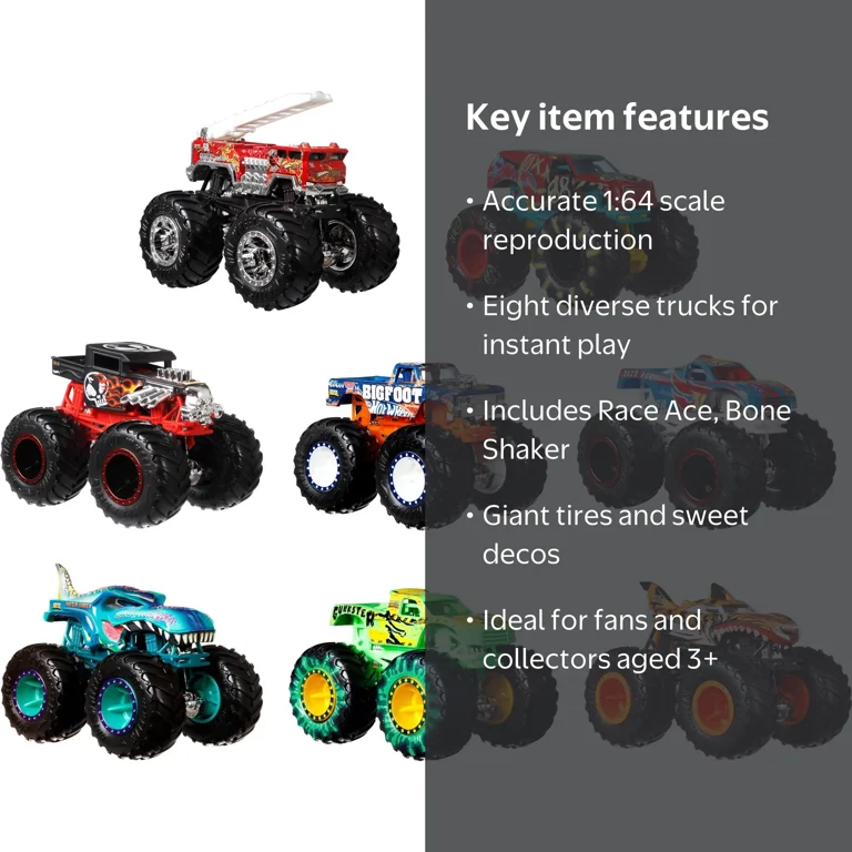 Hot Wheels RACE Monster Trucks Live 8-Pack Toy Trucks, 1:64 Scale