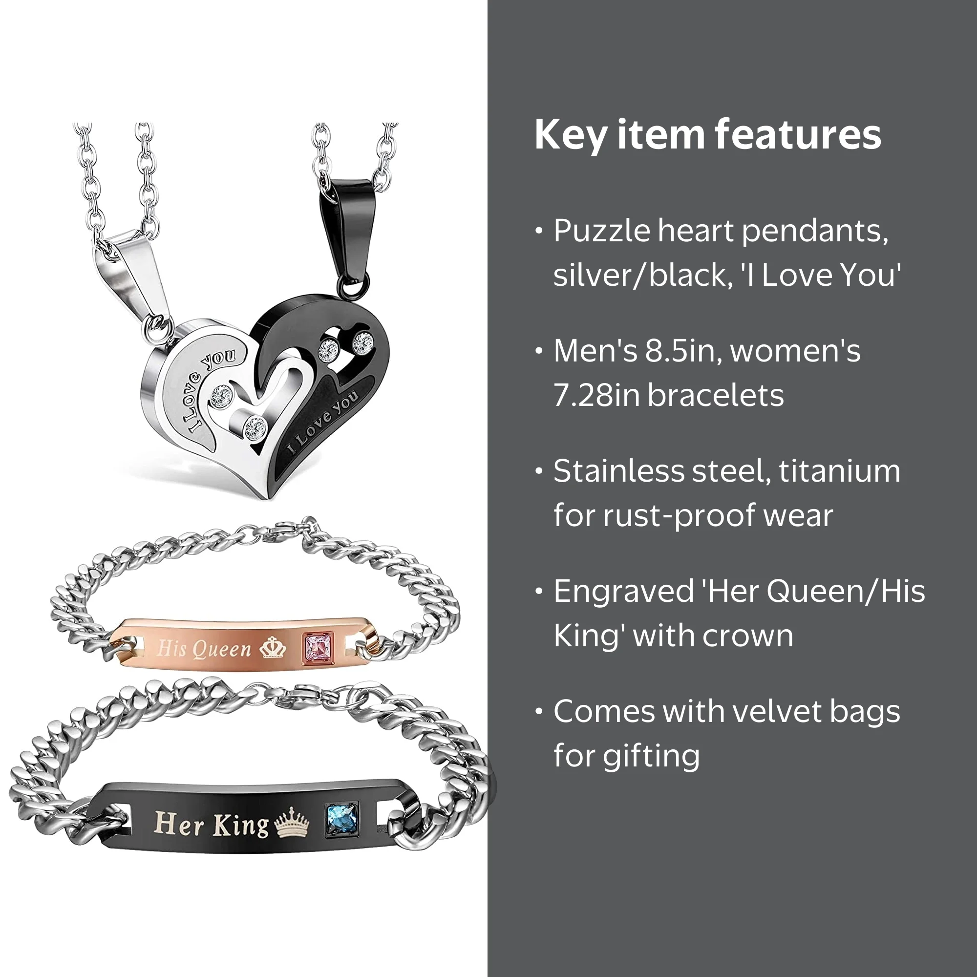 Jstyle Couple Necklace and Bracelets Set, Stainless Steel and
