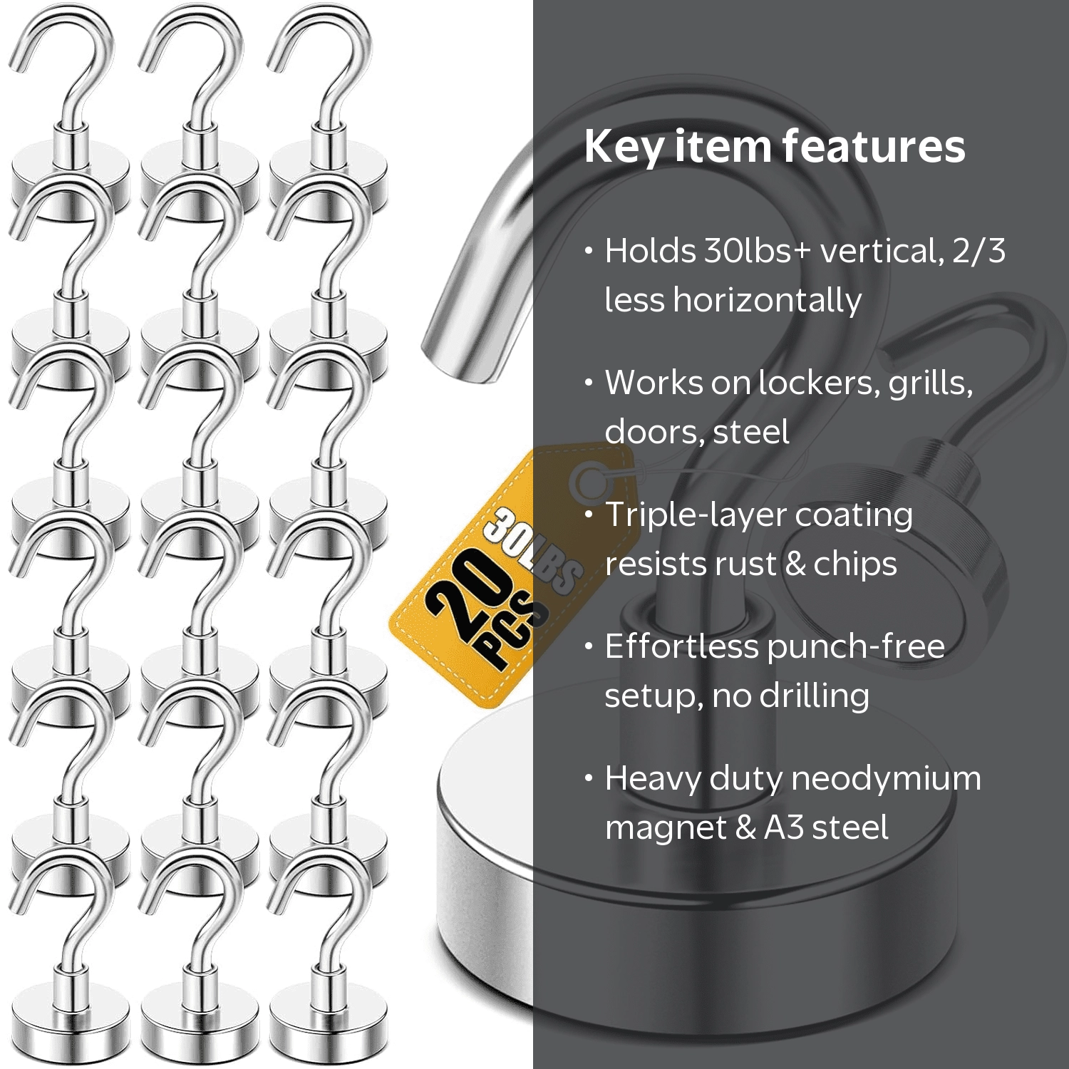 NAISHIER 20 Pack Magnetic Hooks, 25Lbs Heavy Duty, Strong
