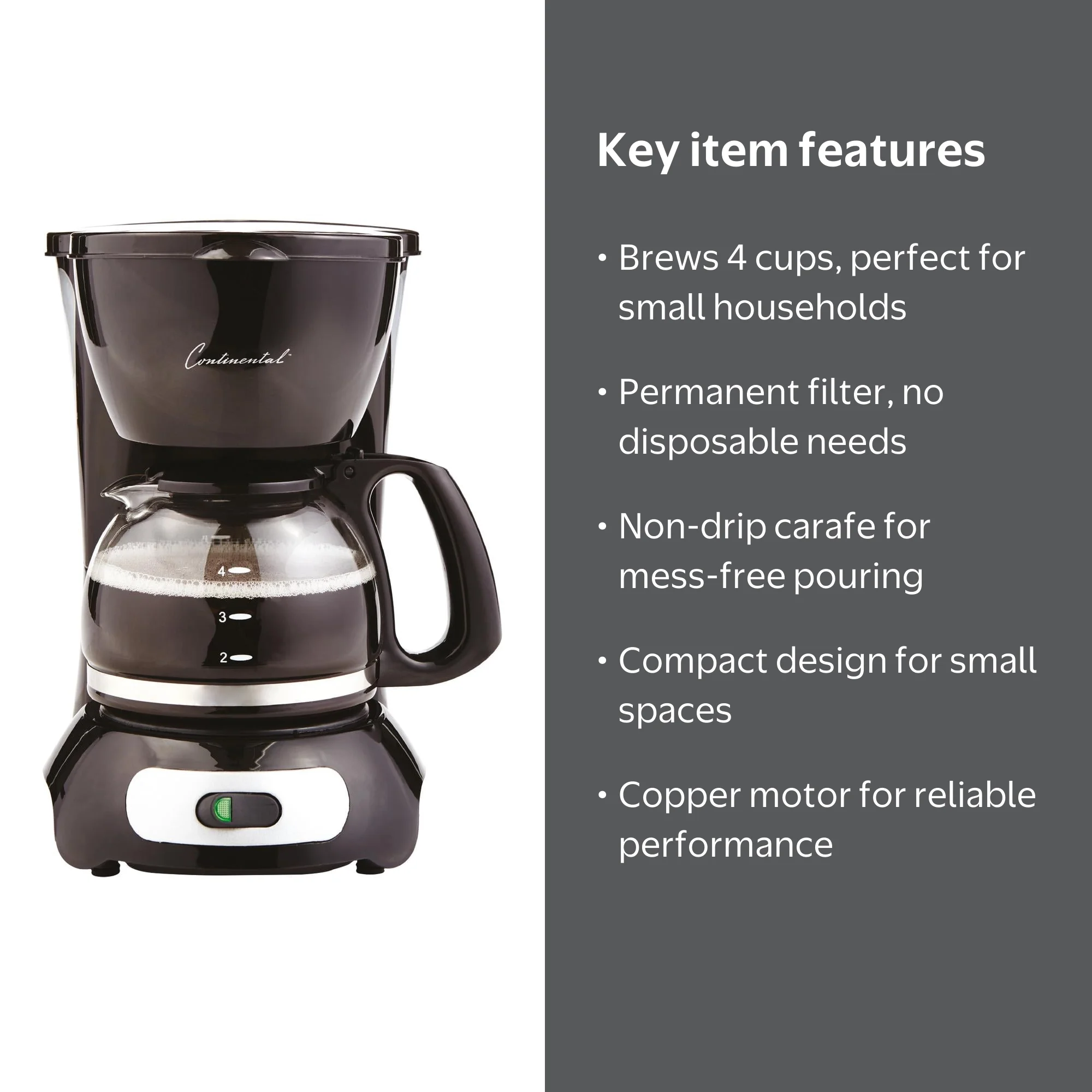 Continental Electric 4-Cup Coffee Maker Black, Condition: New