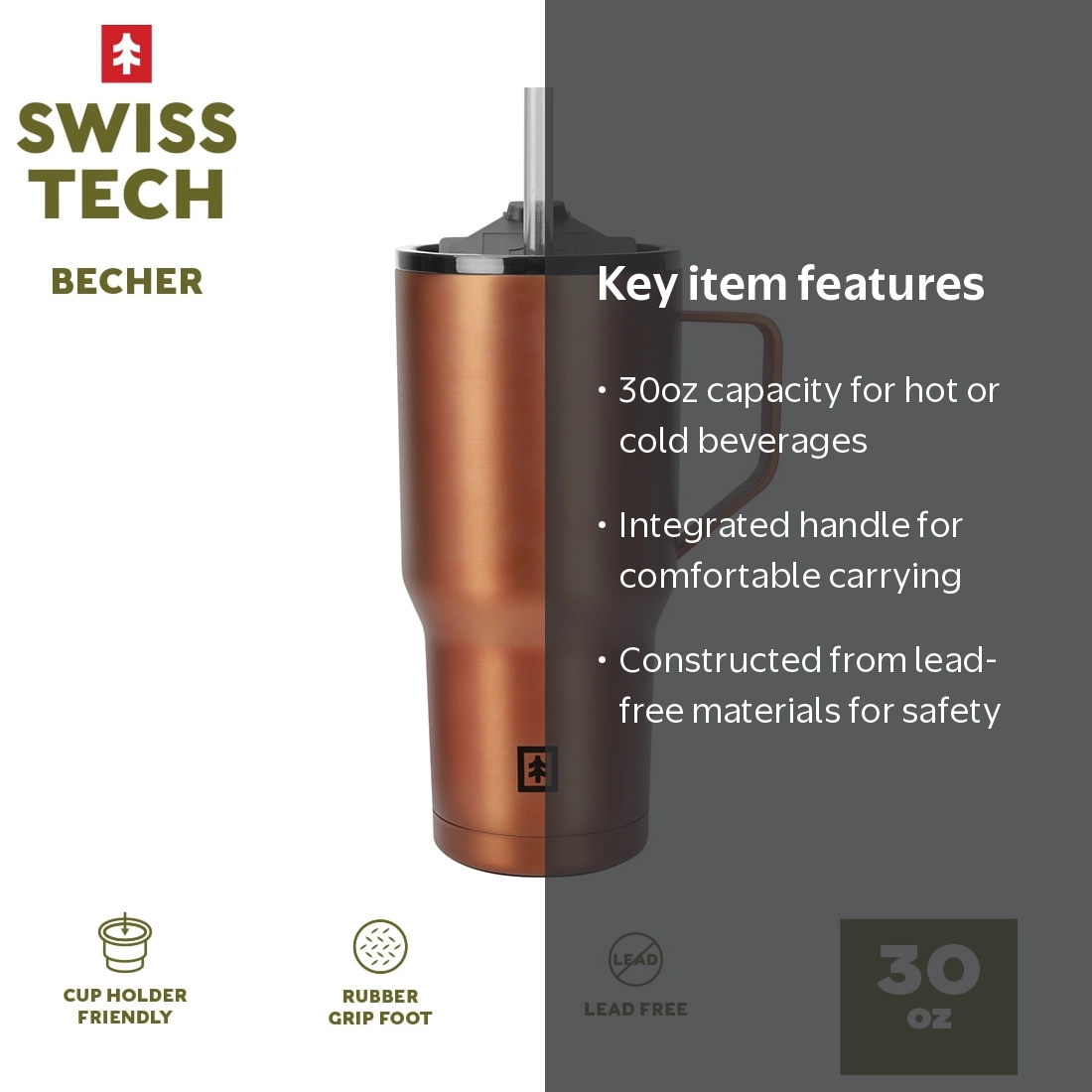 Swiss Tech Becher Bronze 30oz Water Bottle with Handle, Triple