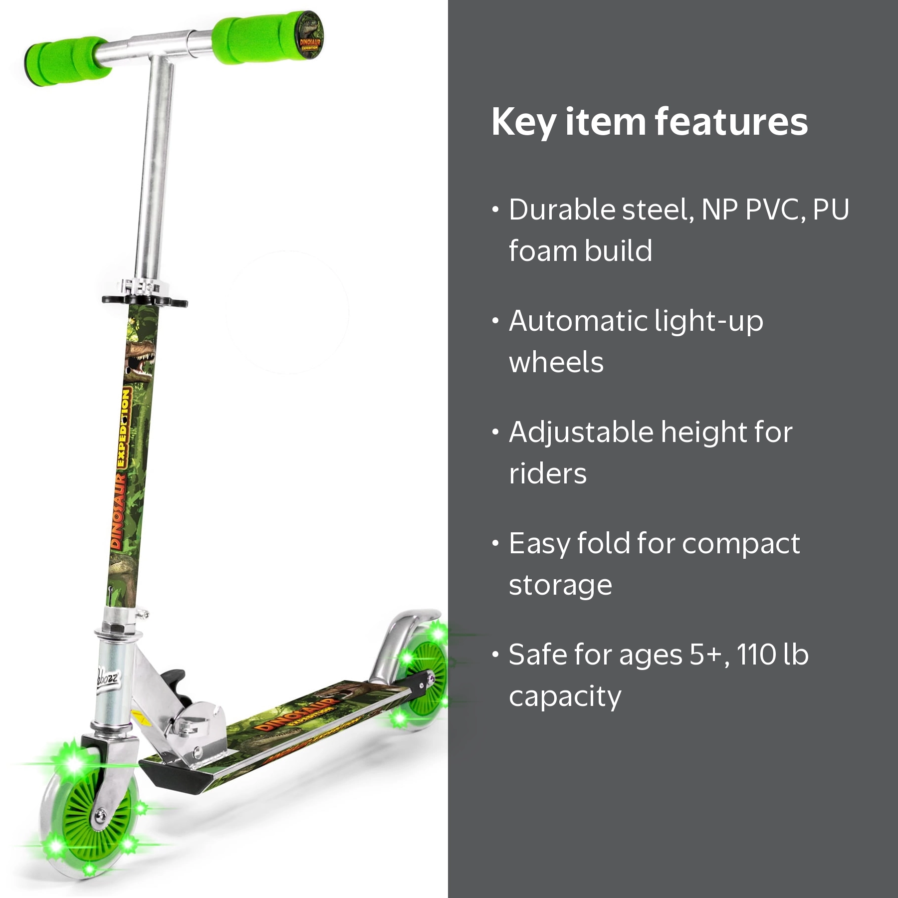 OZBOZZ Dinosaur Foldable Scooter - Light up Wheels - Ages 5 and up
