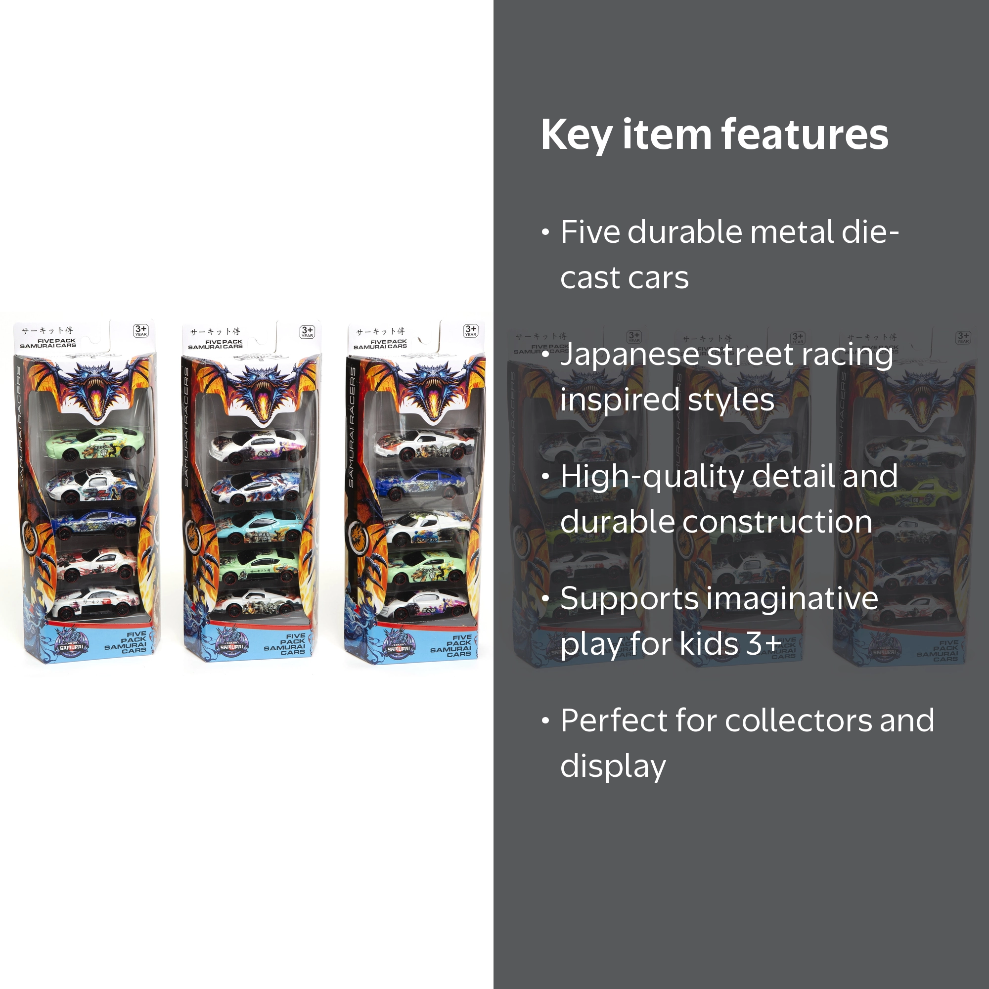 ミニカー 5台セット 黒 白 黄 橙 銀 Circuit Samurai 5-Pack Die-Cast Japanese Drift Toy Cars – Metal