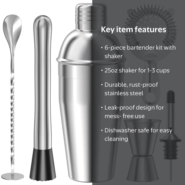 TINANA Cocktail Shaker Set, 18-Piece Bartender Mixing Kit with Bamboo Stand, Stainless Steel Tools, Silver