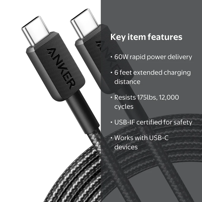 ANKER USB-C & USB-C ケーブル A81F6N21 Anker Braided USB-C to USB-C Cable (6ft, 60W) Black - Walmart.com