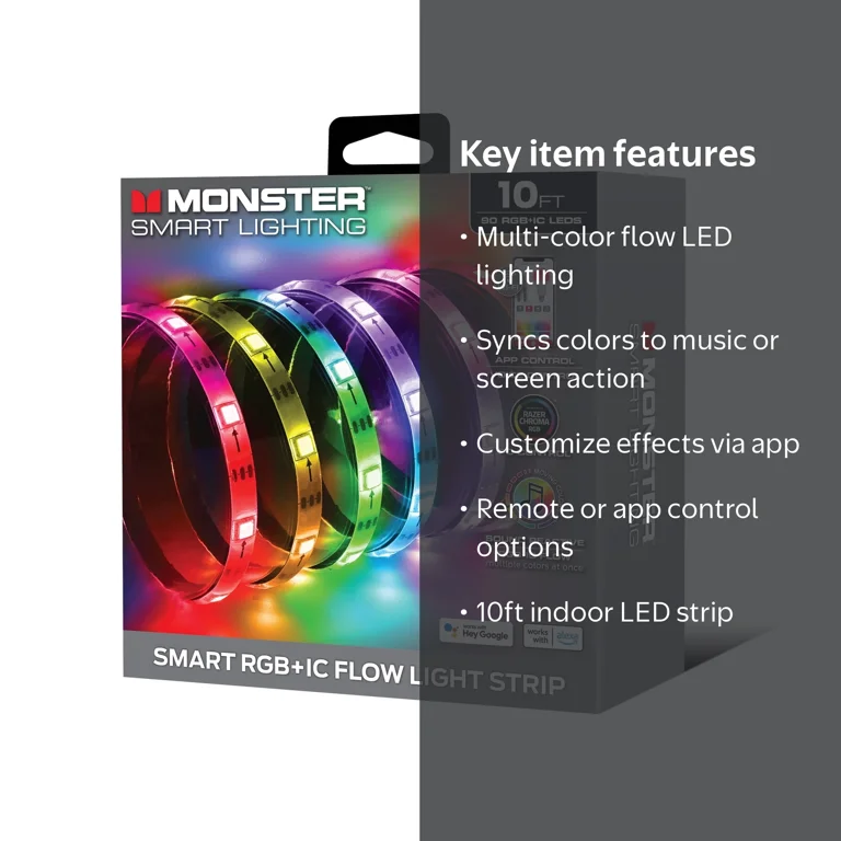Monster, Smart LED Strip Lights, 10ft, Multicolor Sound Reactive
