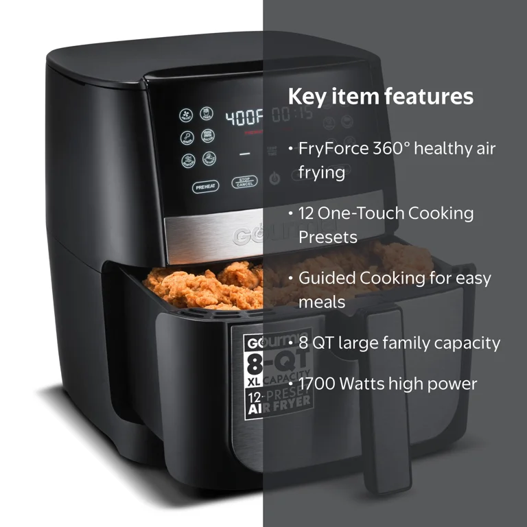 Gourmia 8QT Digital Air Fryer, FryForce 360 Tech, Guided Cooking