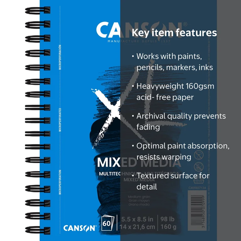 Canson XL Heavyweight Mixed Media Sketchbook, Watercolor Paper, 60