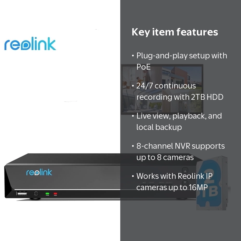 Reolink, 4K 8MP 8-Channel PoE NVR, 2TB HDD, 24/7 Recording
