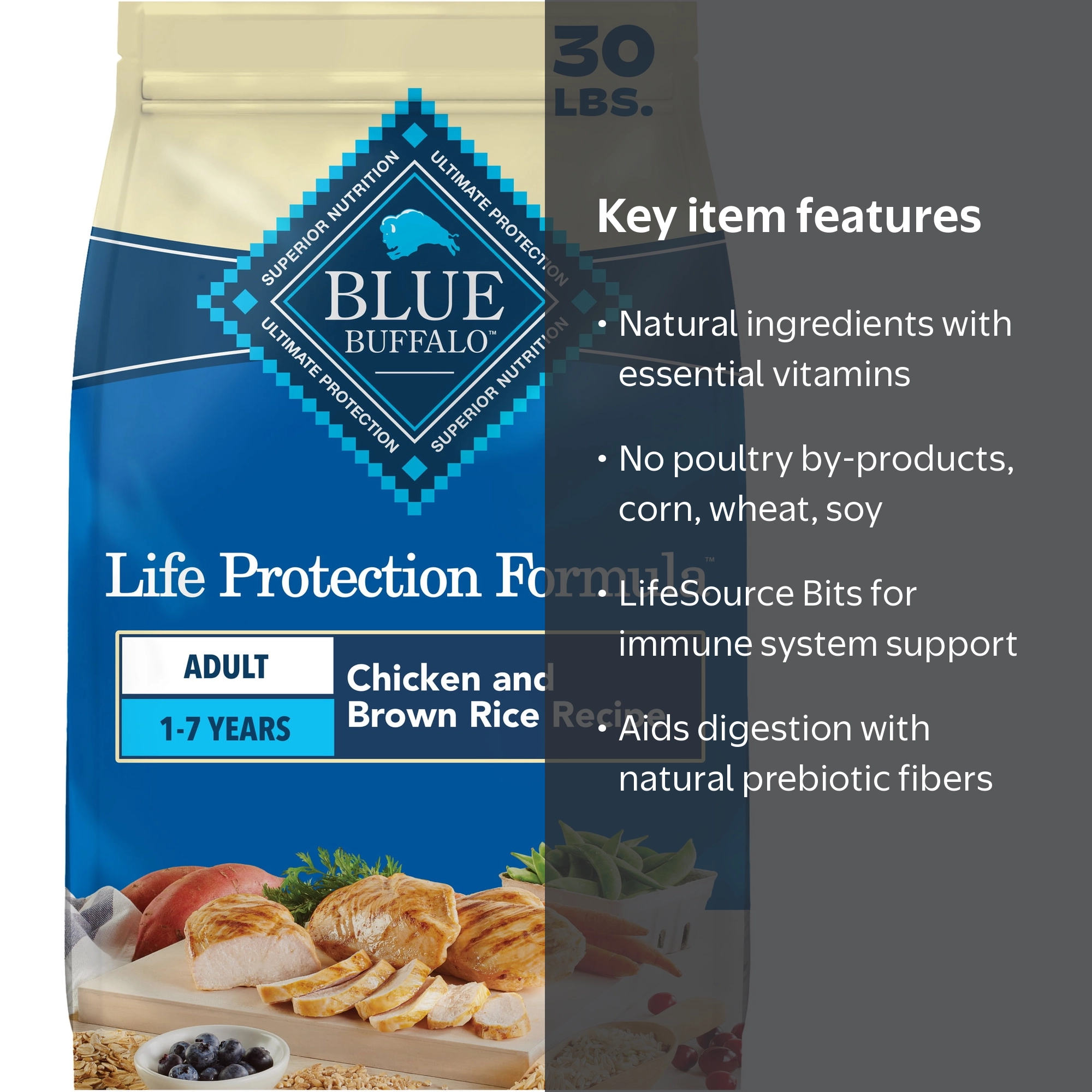Blue Buffalo, Dry Dog Food, 30 lbs, Chicken and Brown Rice