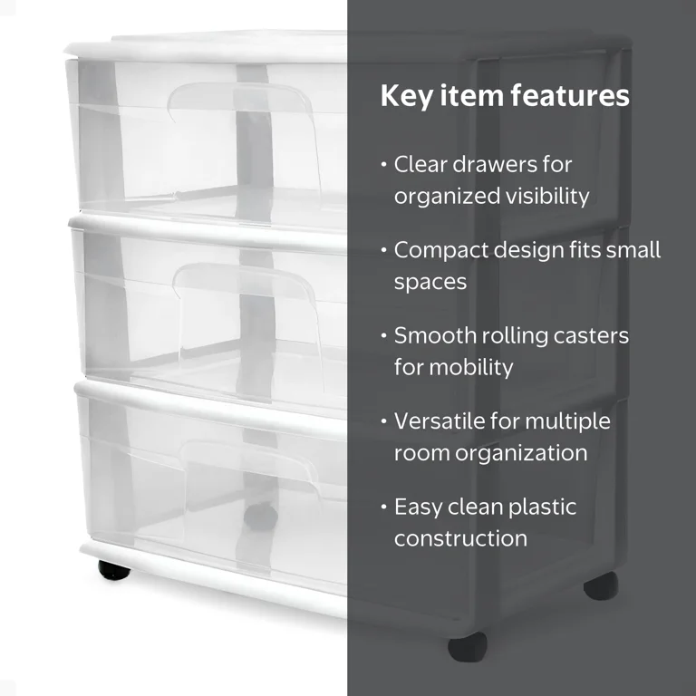 Homz, Drawer Tower, 3-Tier White Plastic with Removable Wheels