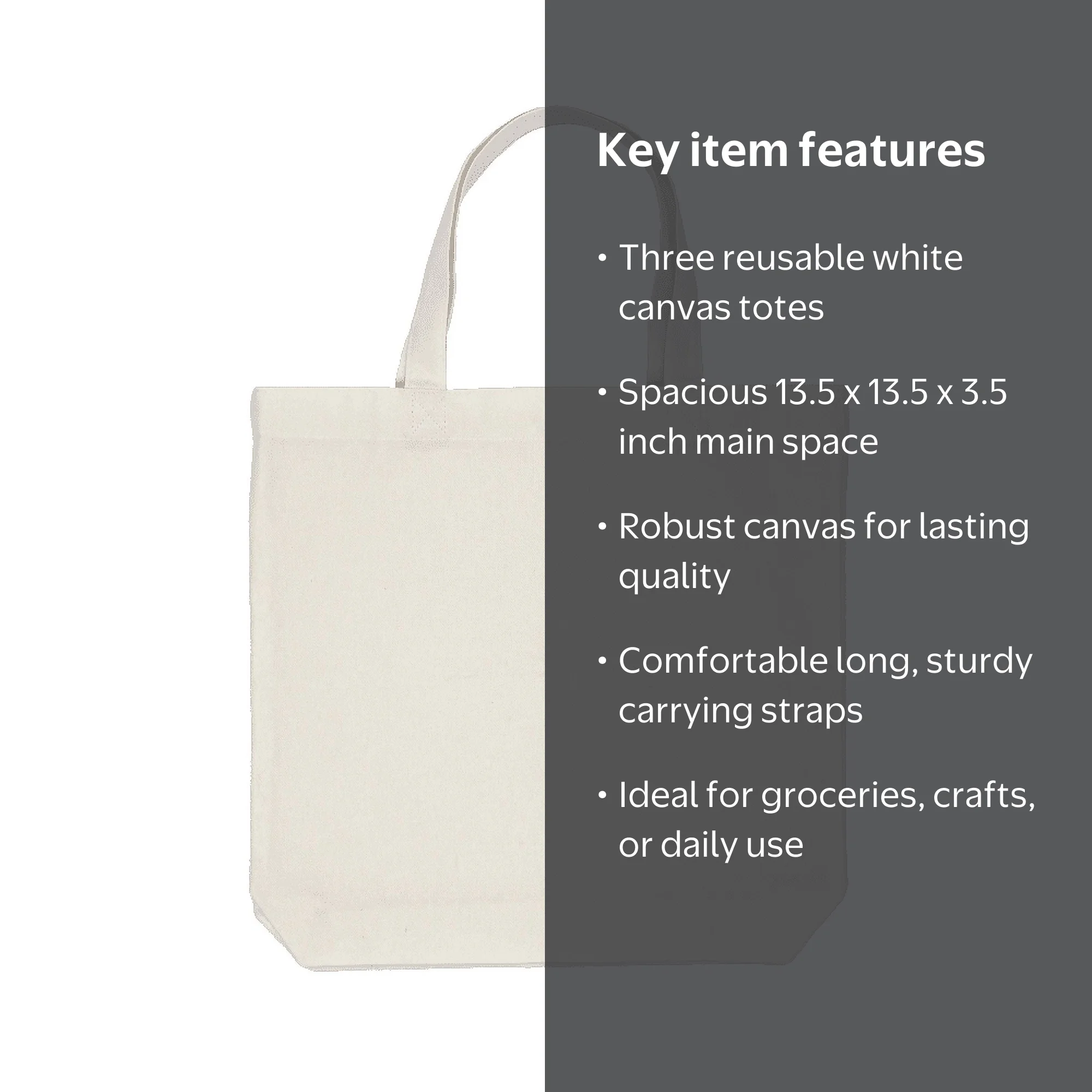 2 pack) Hello Hobby, Large White Canvas Tote Bag With Strap, 3
