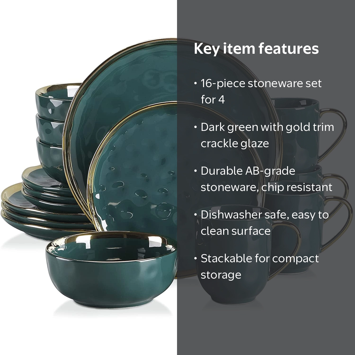 LOVECASA Modern Round 16-Piece Stoneware Dinnerware Set, Dark