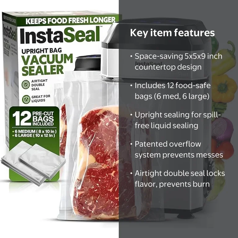 Instaseal Food Vacuum Sealer, Upright, Liquid Sealing Keeps Food