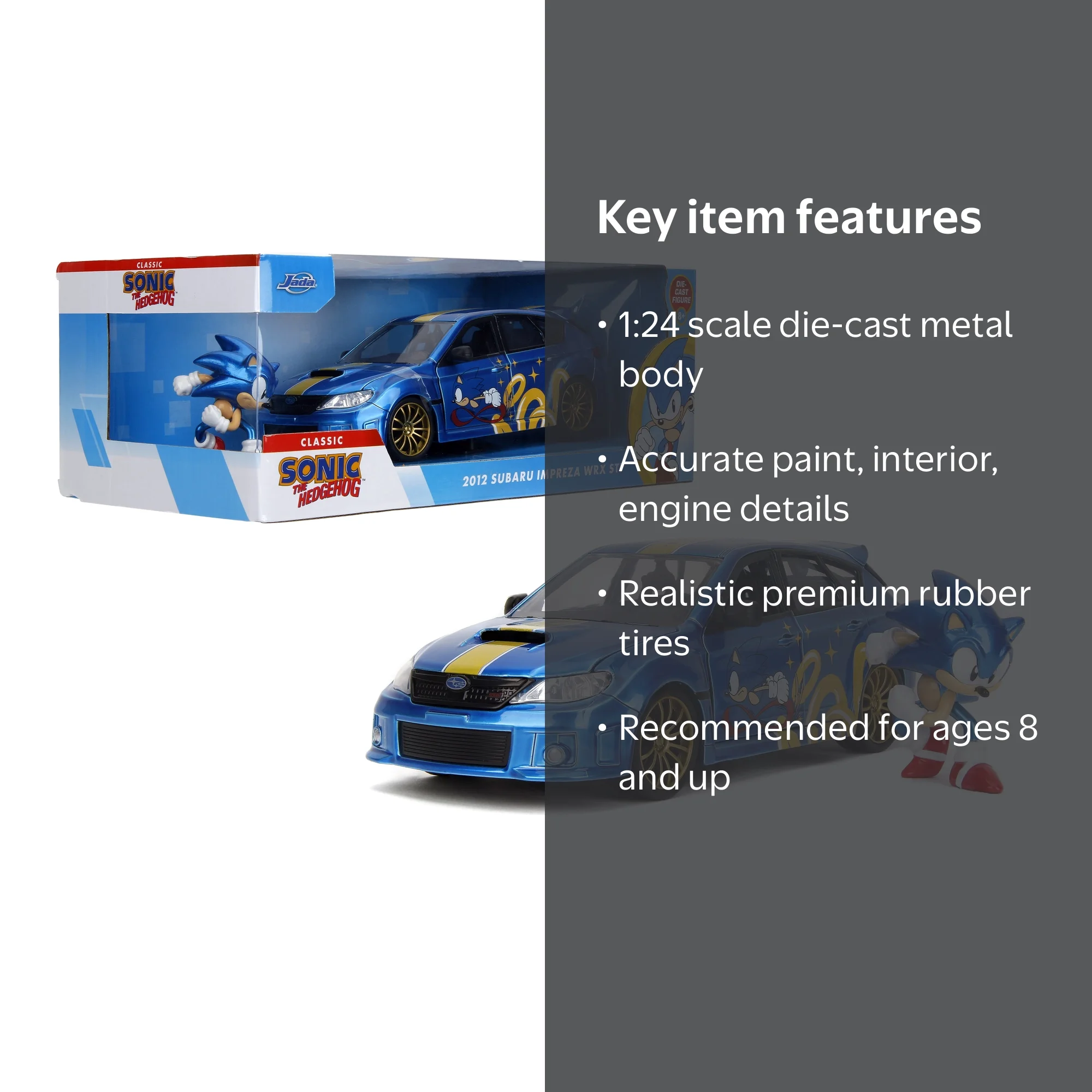 Jada Sonic The Hedgehog 1:24 2012 Subaru Impreza WRX STI - Coche fundido a presión y figura de Sonic, juguetes para niños y adultos