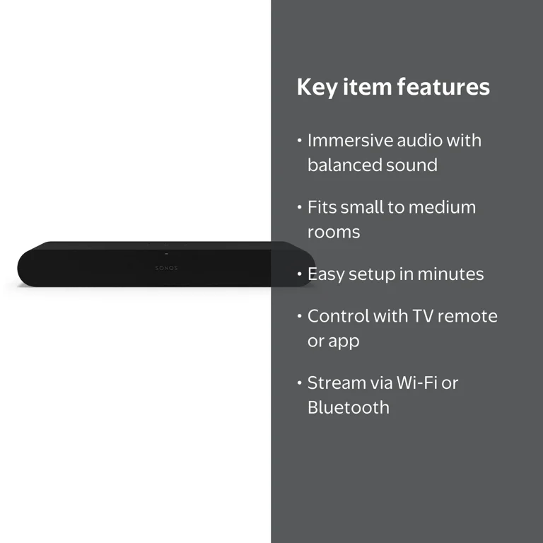Sonos Ray Compact Sound Bar for TV, Gaming, and Music (Black), 22