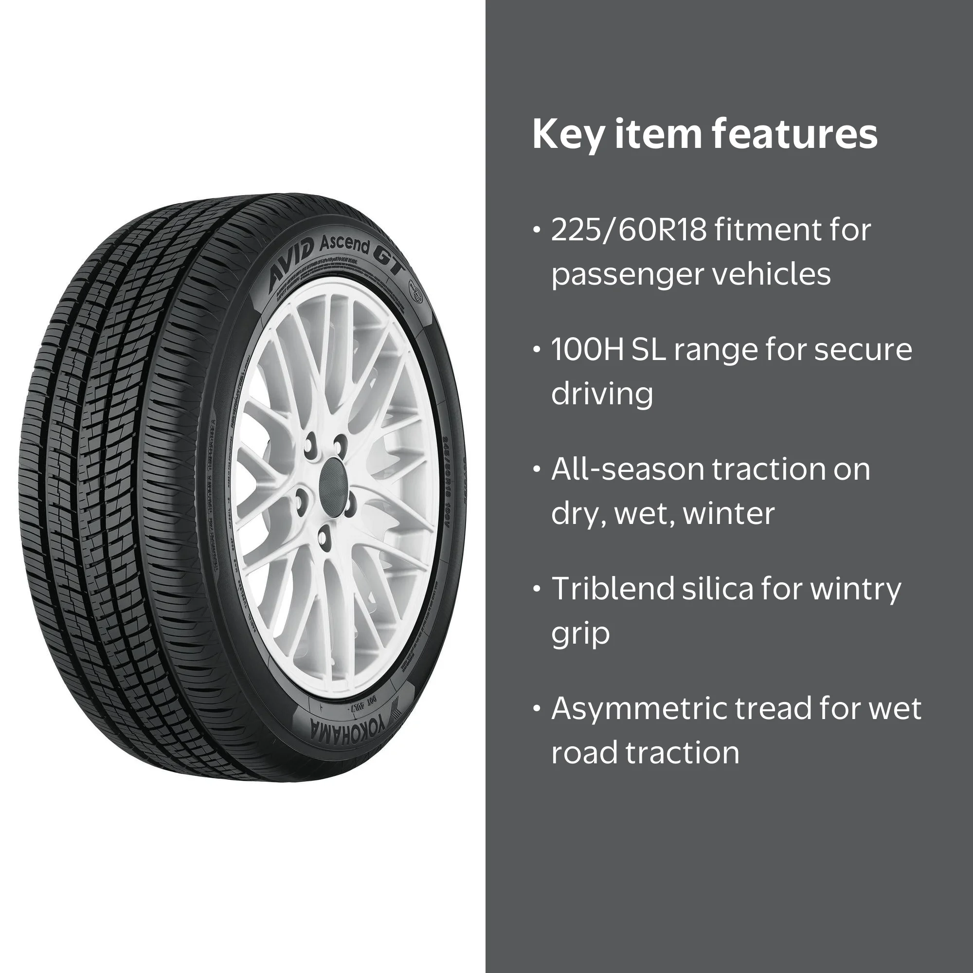Yokohama Avid Ascend GT Tire, 225/60R18 100 H, All-Season, 65K