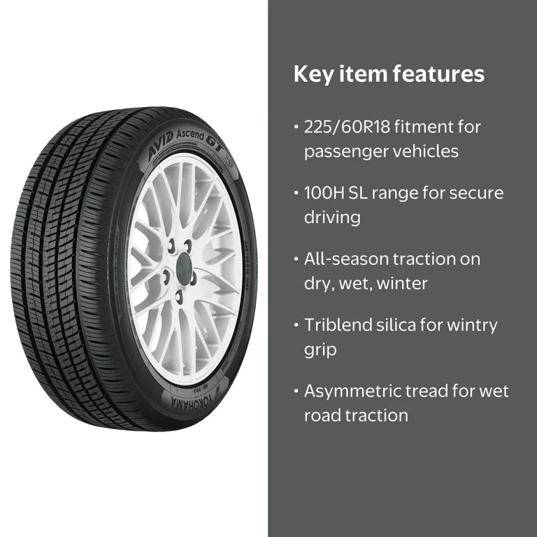 Yokohama Avid Ascend GT Tire, 225/60R18 100 H, All-Season, 65K
