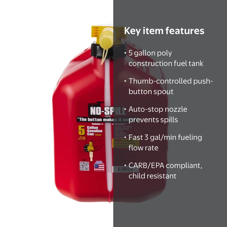 No-Spill 5 Gallon Gasoline Can with View Stripe and Controlled