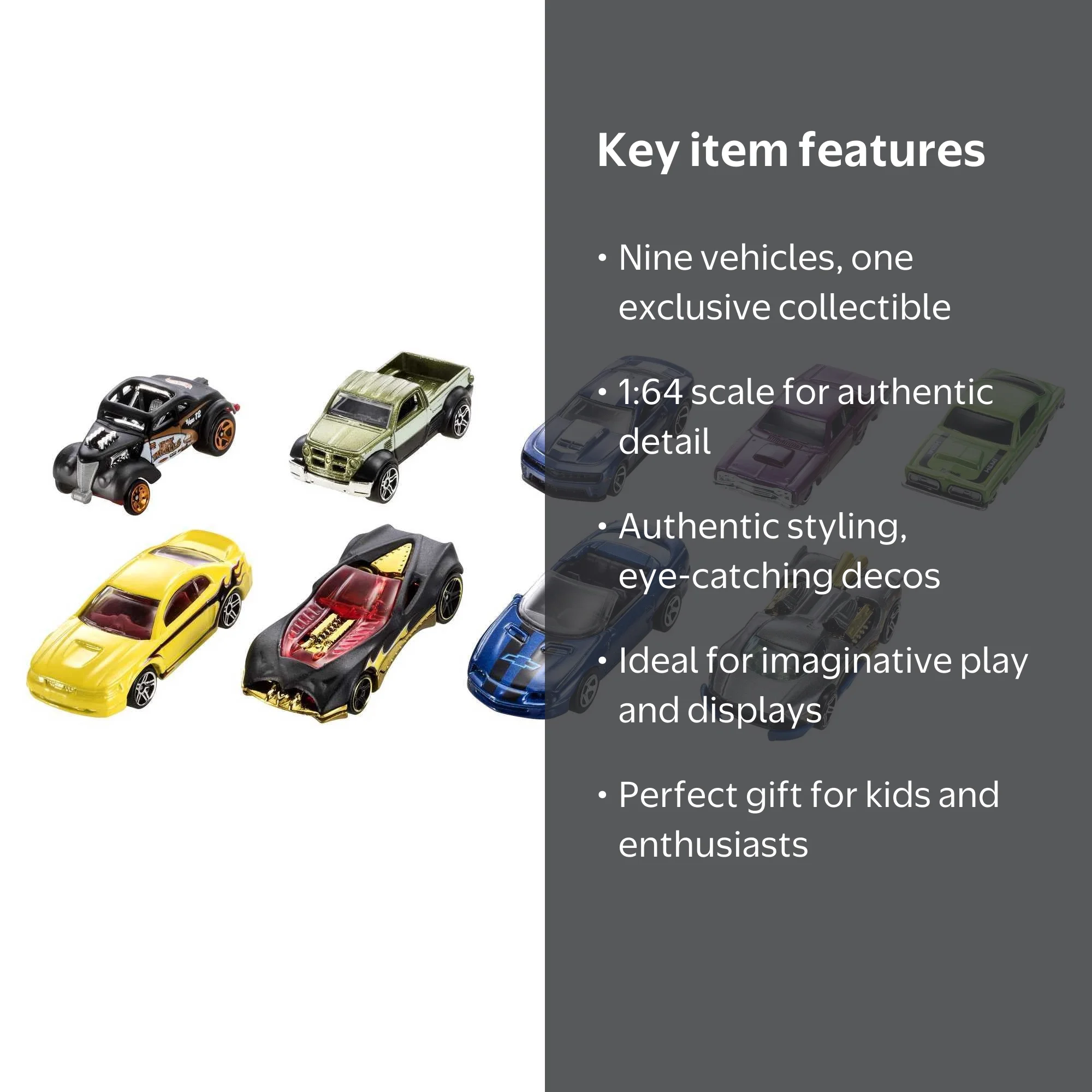 Hot Wheels 9-Car Gift Set, 1:64 Scale Toy Cars or Trucks, Styles