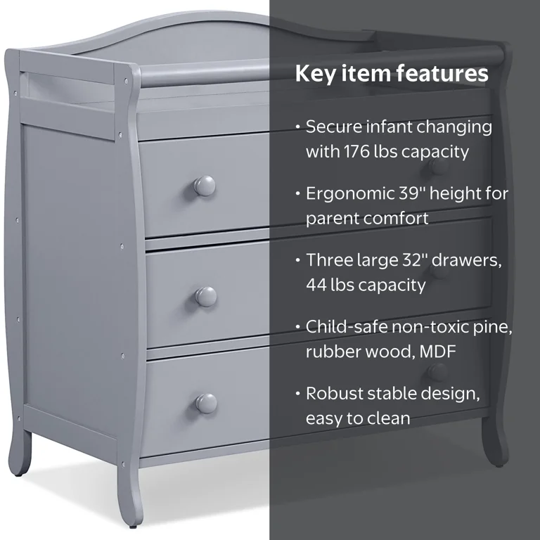 3-Drawer Dresser Changing Table with Safety Belt Guardrails-Gray