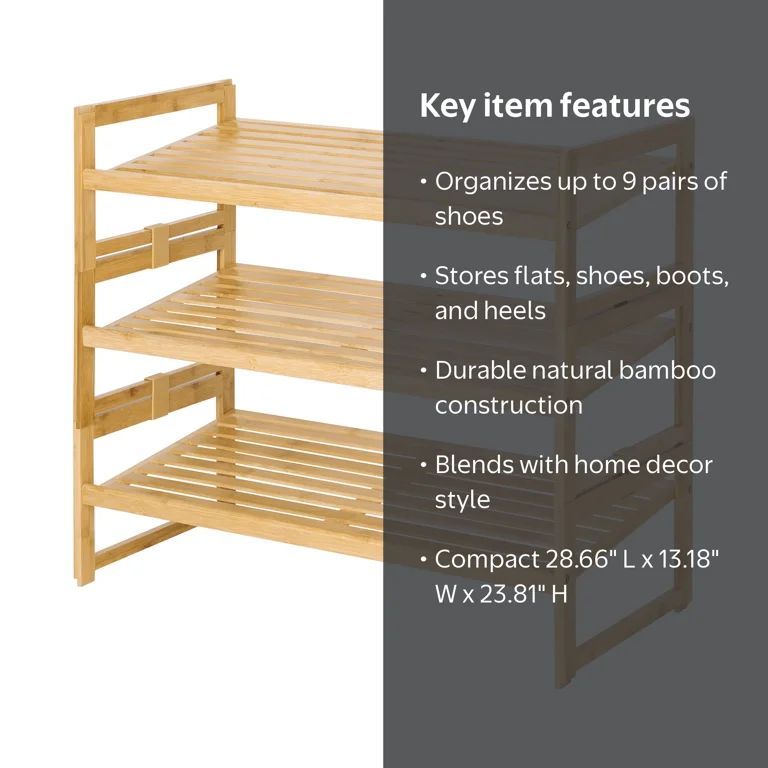 Better Homes & Gardens Bamboo 3-Tier Shoe Rack, Holds 9 Pairs