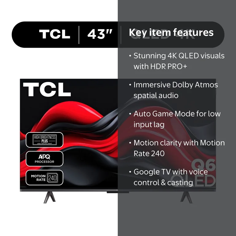 TCL, 43‚Äù Class Q6 QLED 4K UHD HDR Smart Google TV, 43Q651G