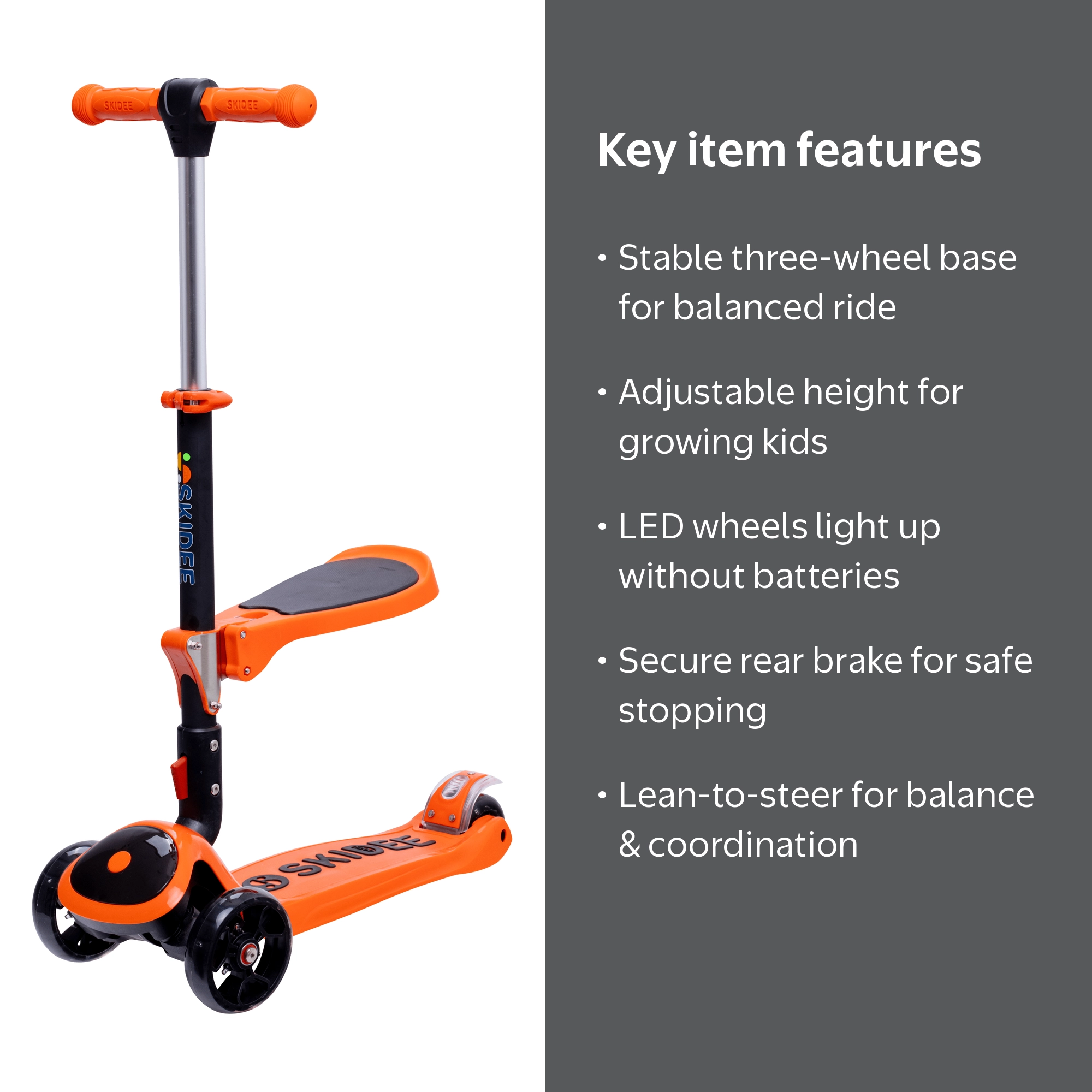 SKIDEE, Kick Scooter, Adjustable Height, Ages 2-12, Orange