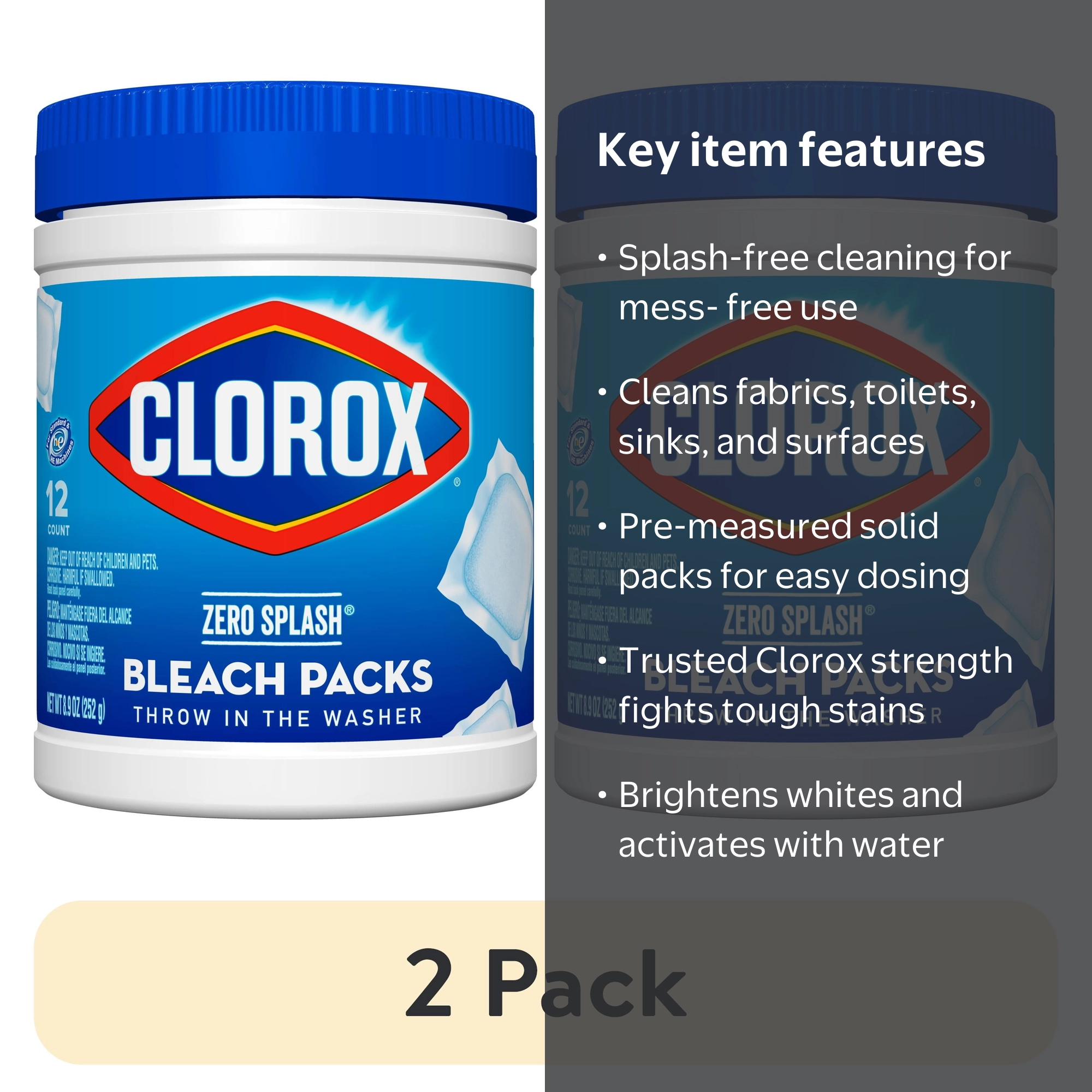 2 pack) Clorox Zero Splash Bleach Packs, Regular Scent, 8.9 oz, 12