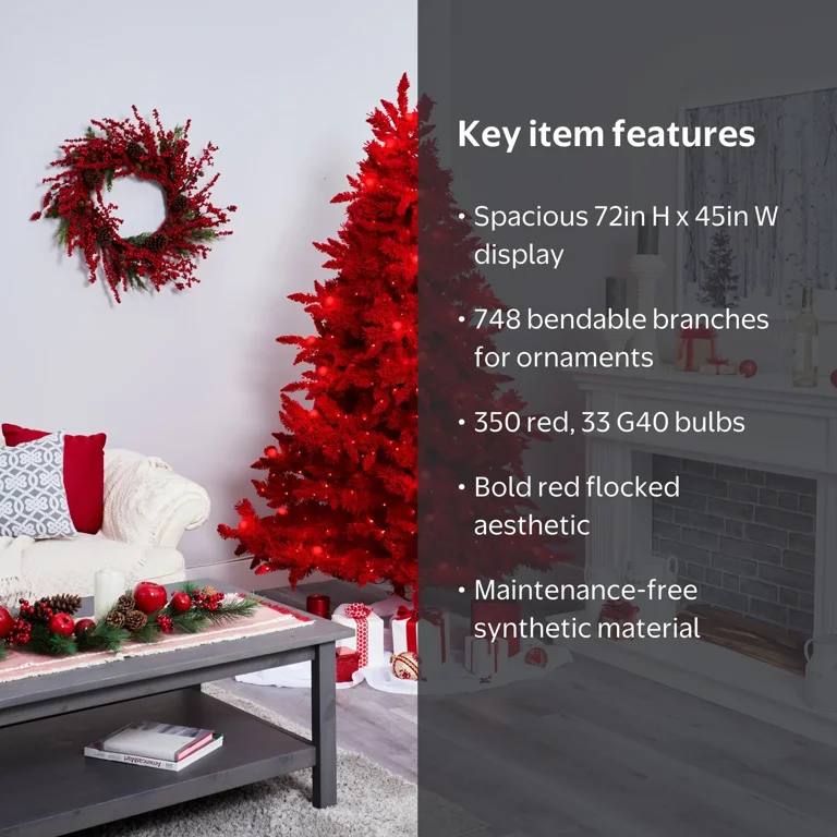 Nearly Natural 6' Red Flocked Fraser Fir Artificial Christmas Tree