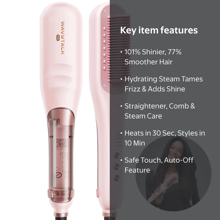Wavytalk, Pro Steam Hair Straightener Brush, 12 inch, Pink
