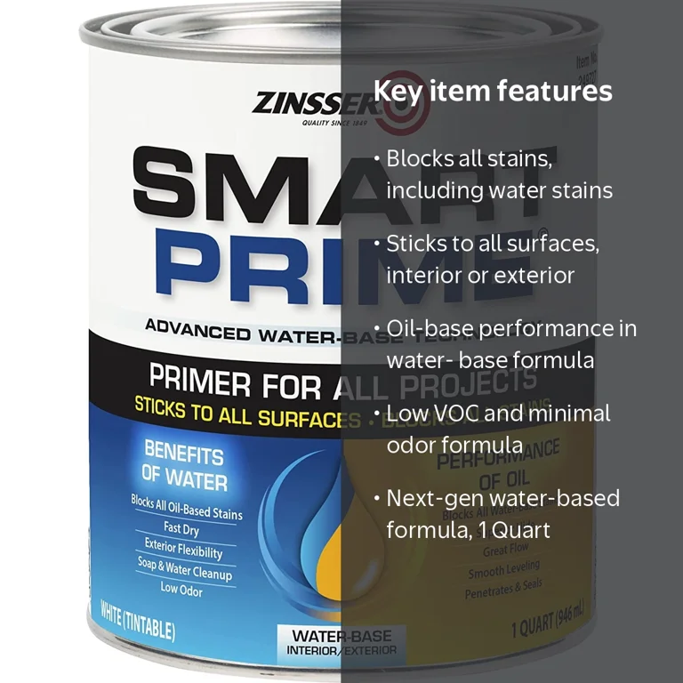 Zinsser 249933 White Acrylic Water-Based All Surface Primer – 1 Quart, Pack Of 6-1005735