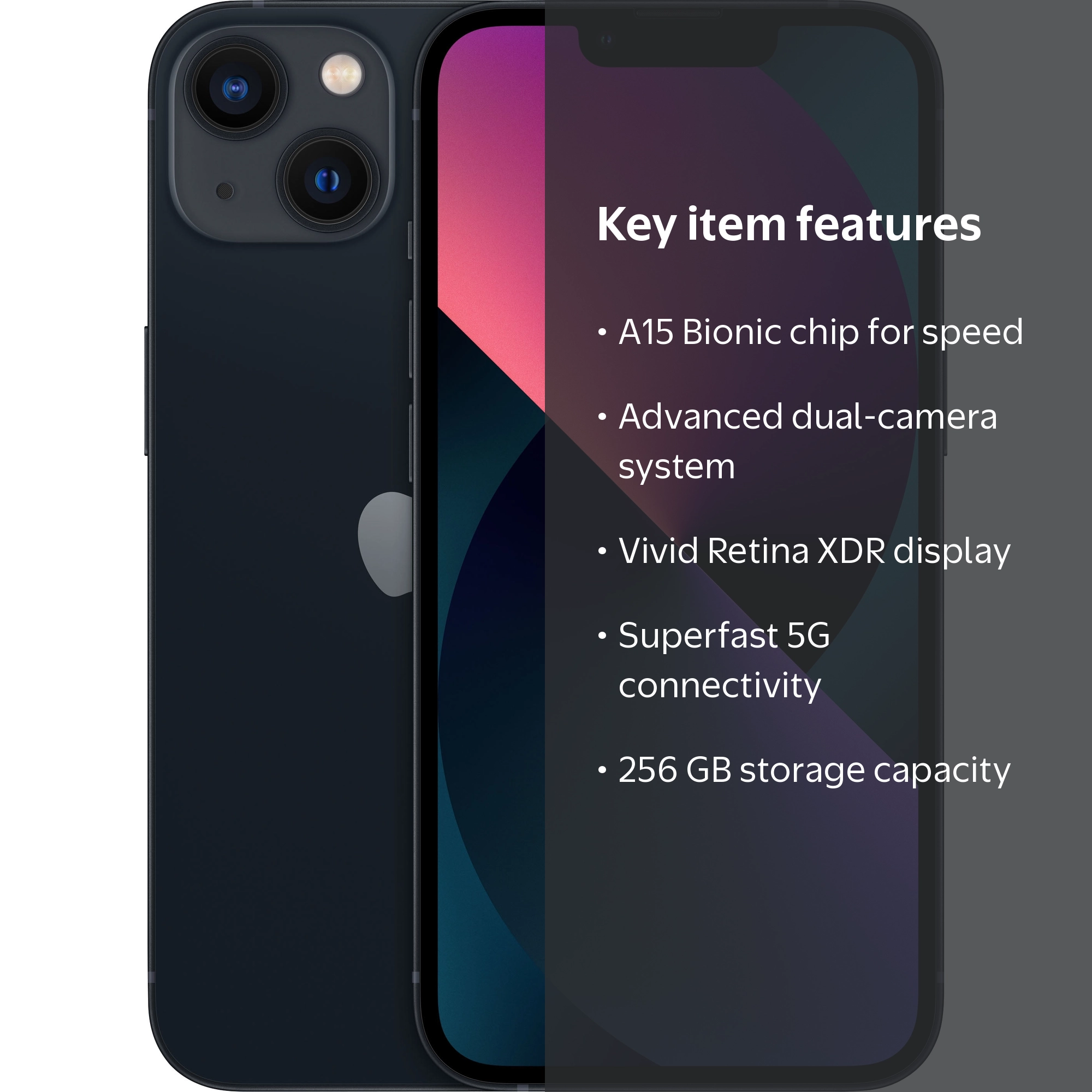 Apple iPhone 13, Fully Unlocked, Refurbished, 256GB Midnight, Dual