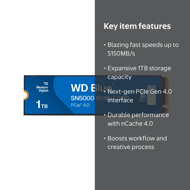 WD, NVMe SSD, 1TB, PCIe Gen 4.0, Up to 5150MB/s Read Speeds