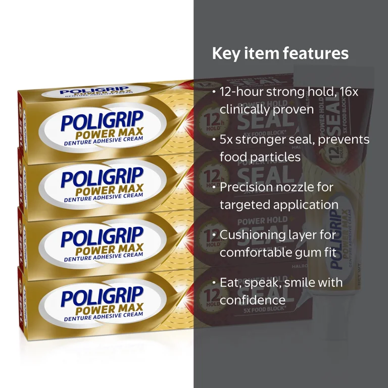 Poligrip Denture Adhesive Cream Flavor Free 2.2 oz Pack of 4 for