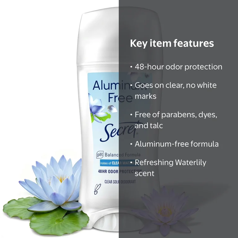 Secret, Aluminum Free Deodorant, Waterlily, 2.4 oz, Goes on Clear