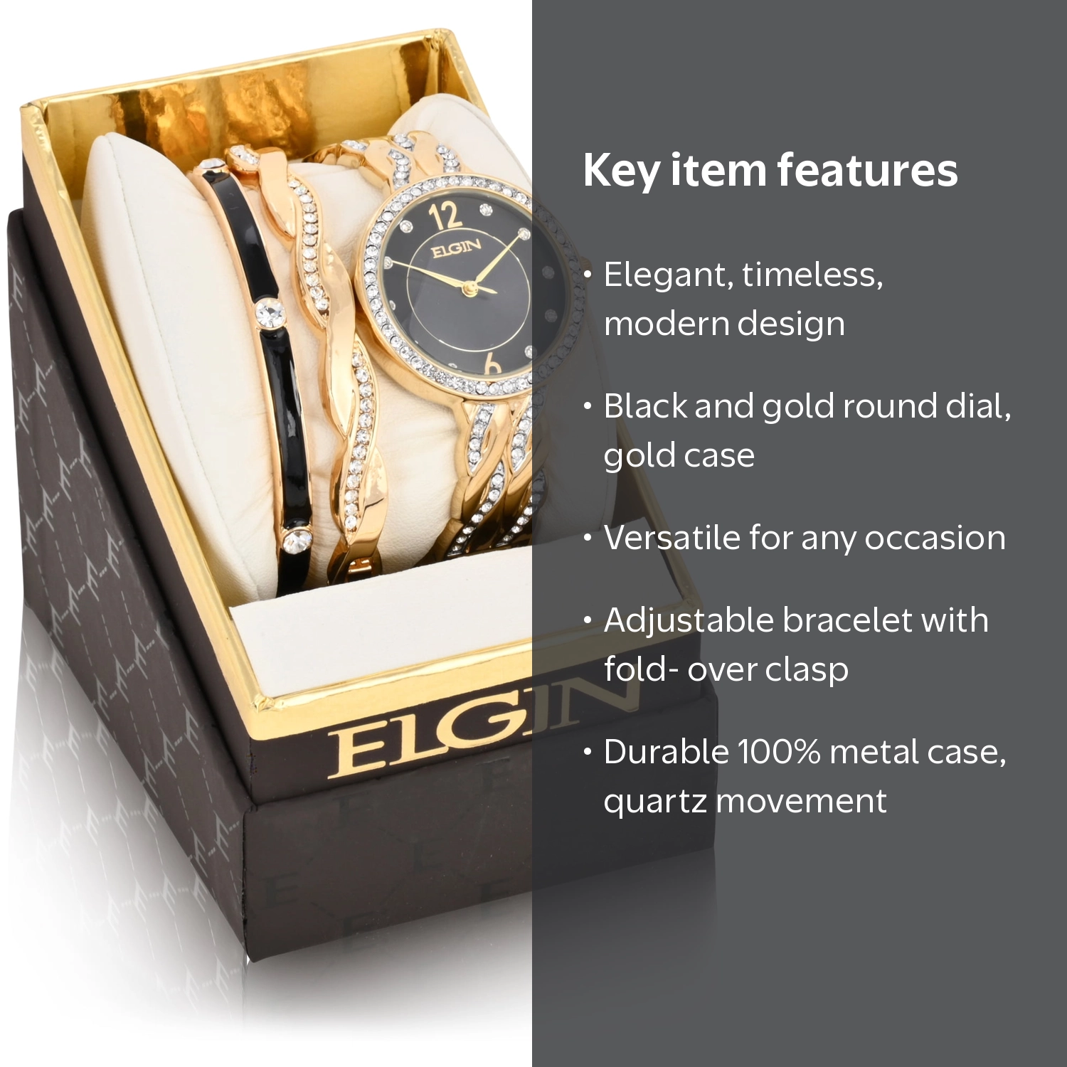 Elgin, Women's Analog Watch Set, One Size, Gold with Black Dial