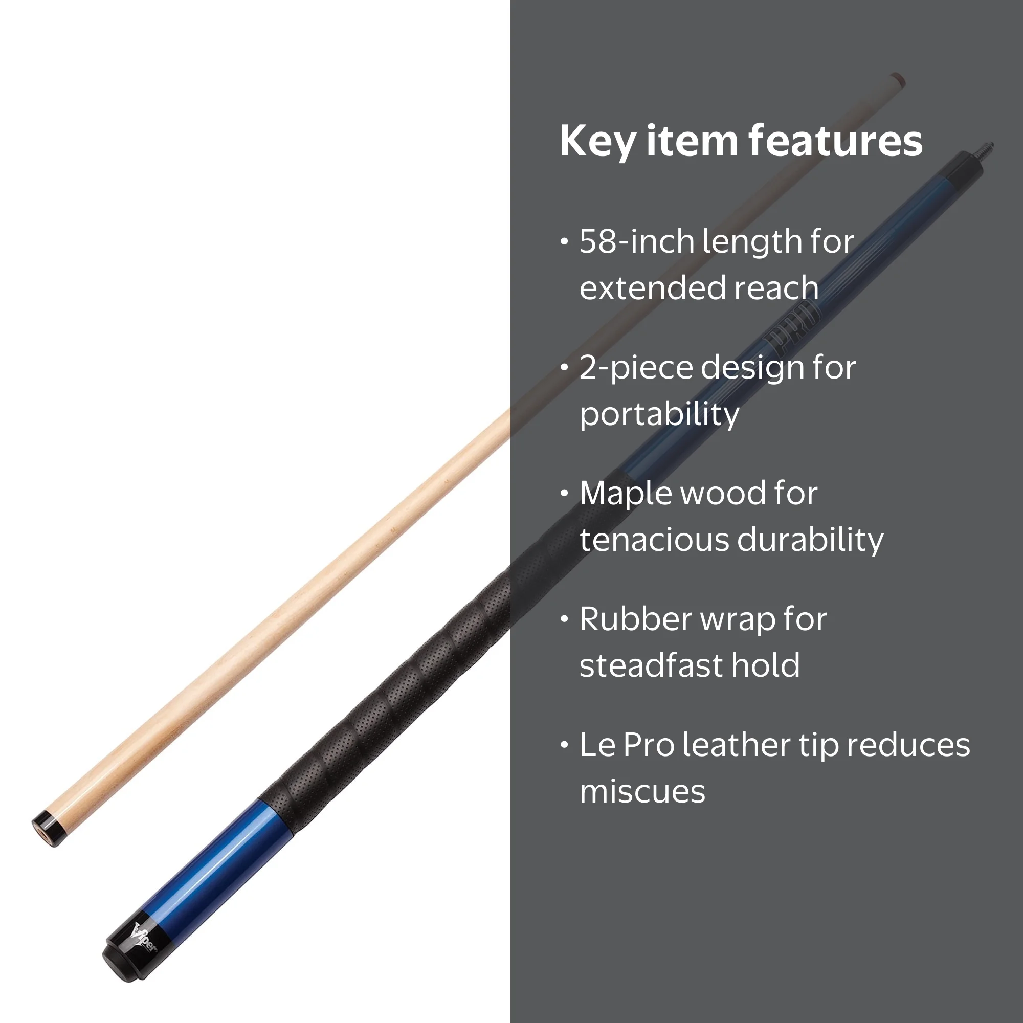 Viper Pro 58 Billiard Cue - Maple Hardwood - Pro Leather Tip