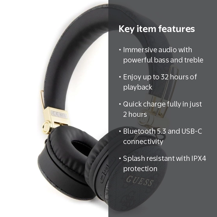 GUESS Wireless Over-Ear Headphones, Black Gold, Bluetooth 5.3, USB