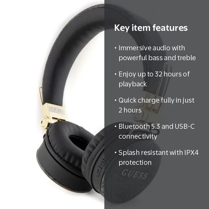 GUESS Wireless Over-Ear Headphones, Black Gold, Bluetooth 5.3, USB