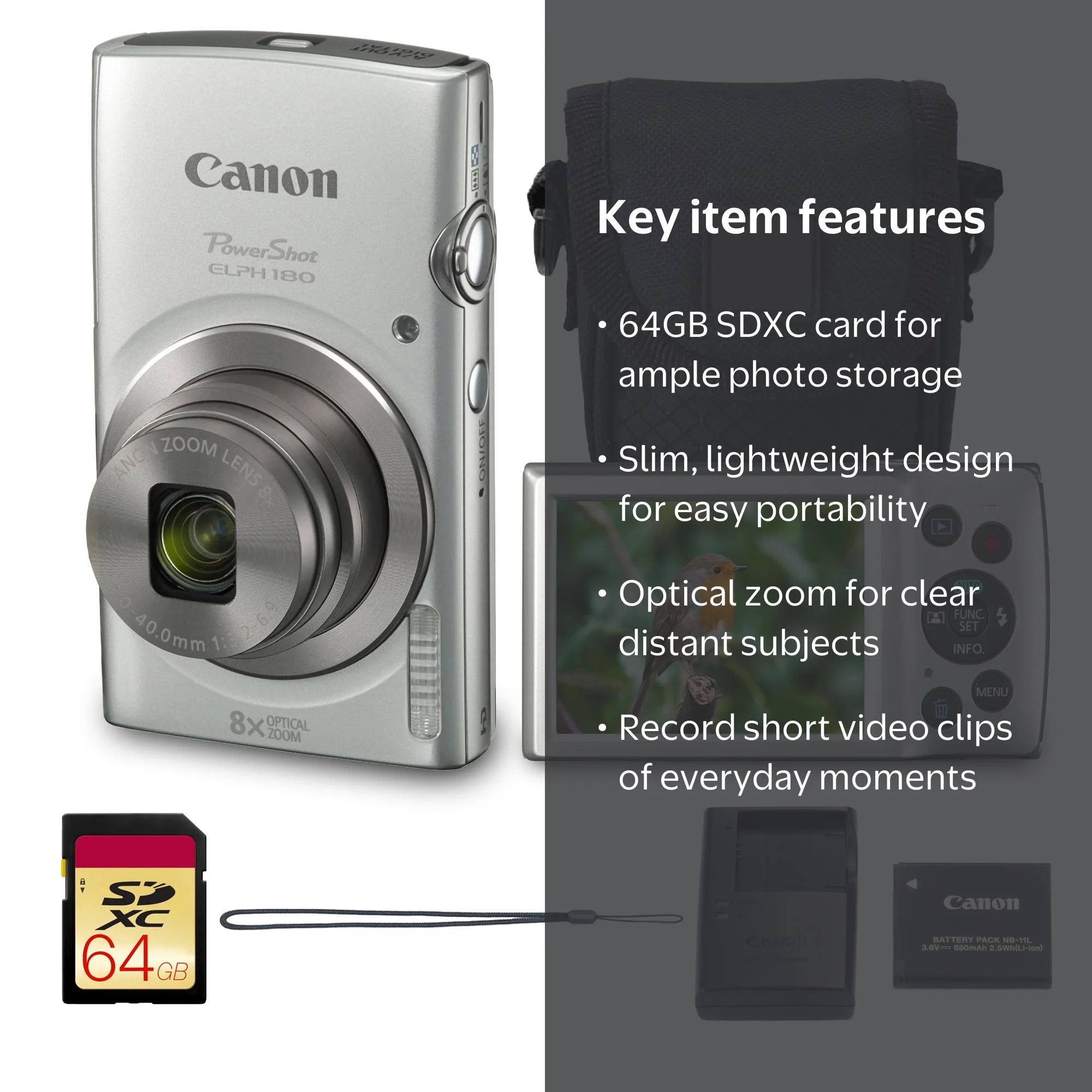 Canon PowerShot ELPH 180 Digital Camera Bundle (Silver) Compact