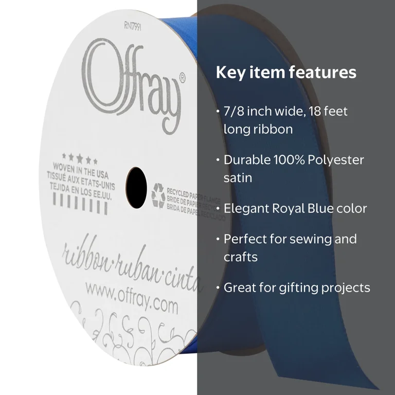 Offray Ribbon, Royal Blue 7/8 inch Single Face Satin Polyester