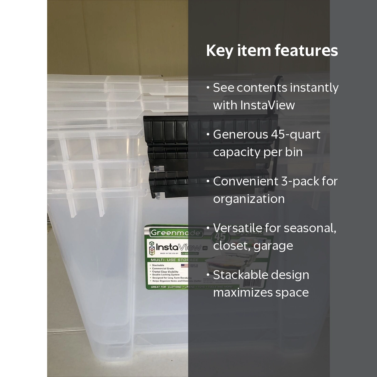 Greenmade InstaView 3 Pack 45 Quart Multi-Use Storage Bins M4A
