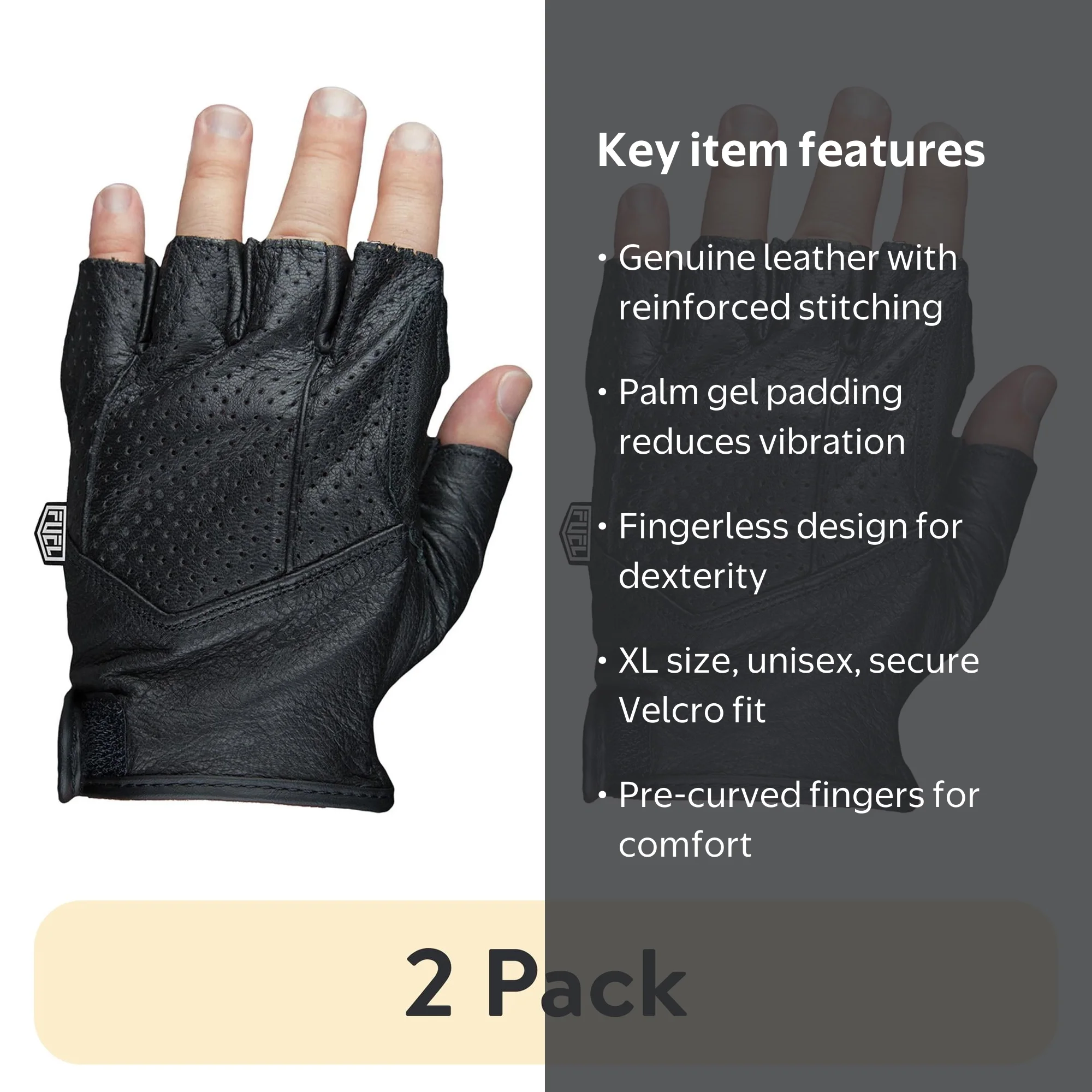 2 pack) FUEL Adult Fingerless Leather Motorcycle Gloves in Black