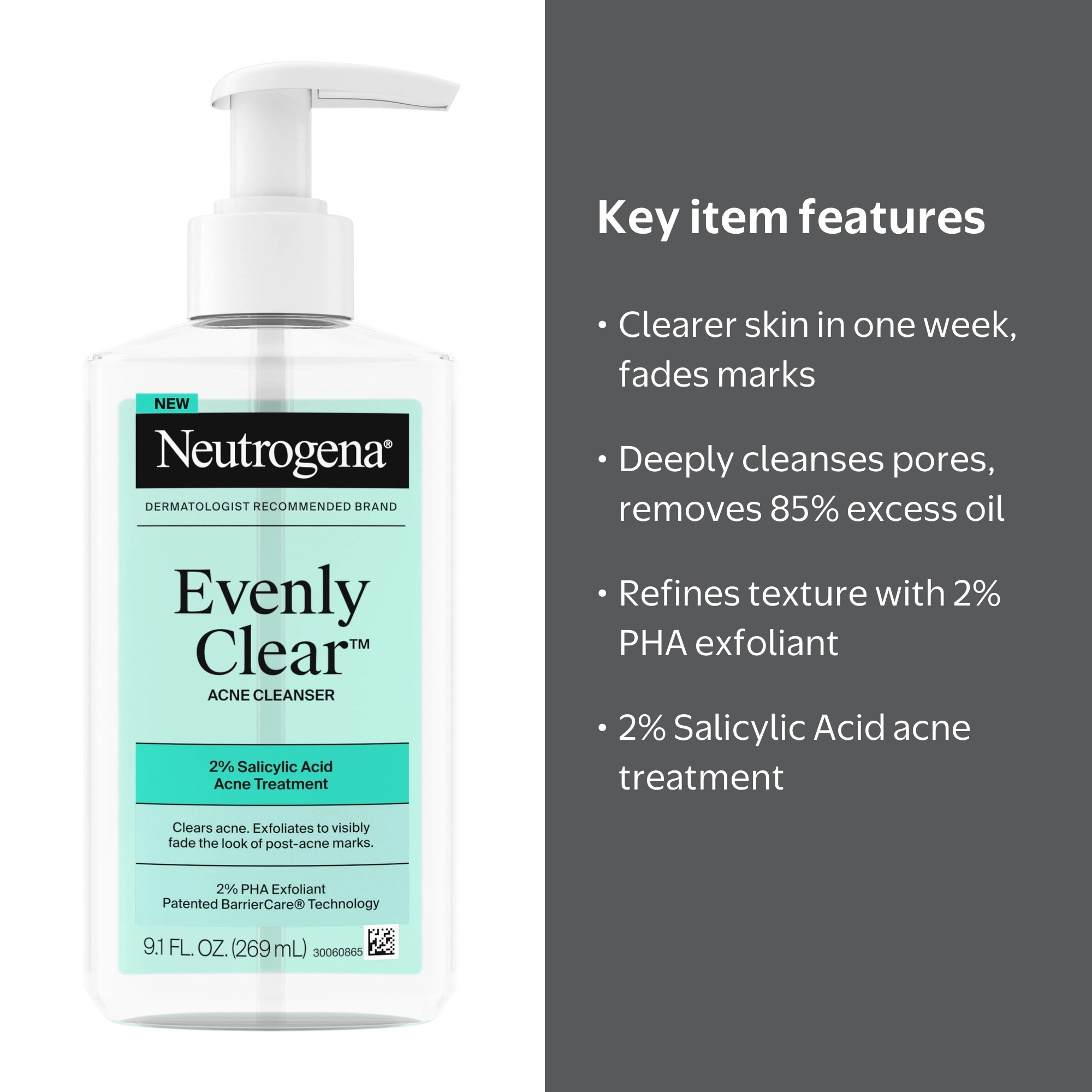 Neutrogena Evenly Clear Acne Cleanser with Salicylic Acid, 9.1 fl